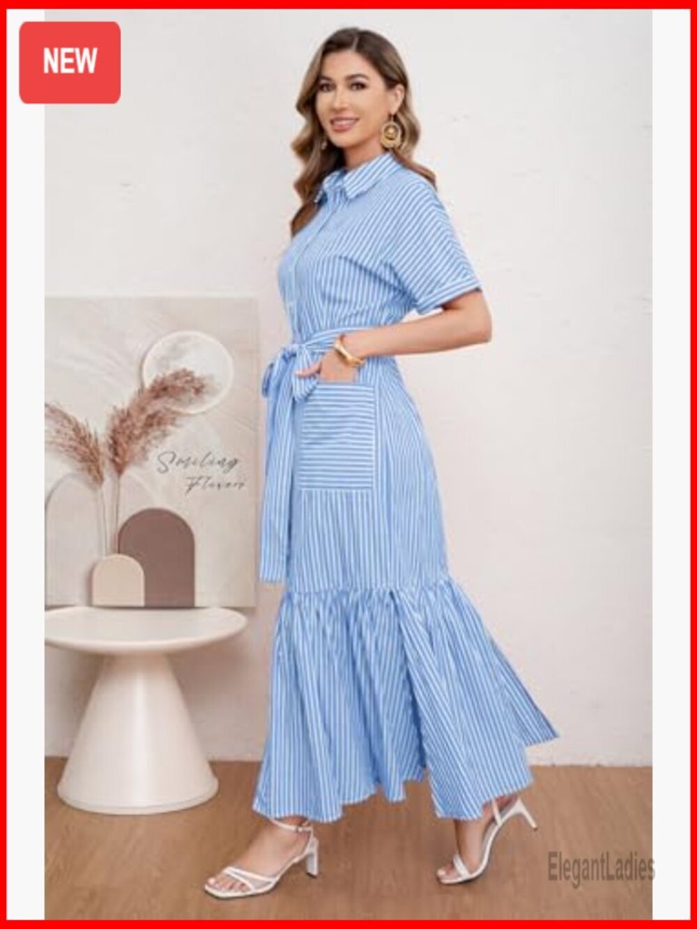 Striped Button Down Maxi Dress with Belt and Pockets - Picture 3 of 7